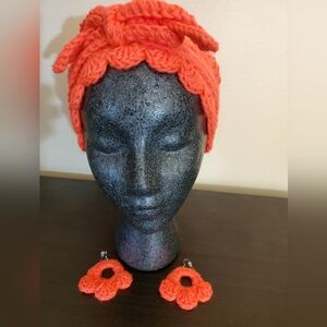 Handcrafted Bright Orange Crochet Headscarf and Matching Earrings Set